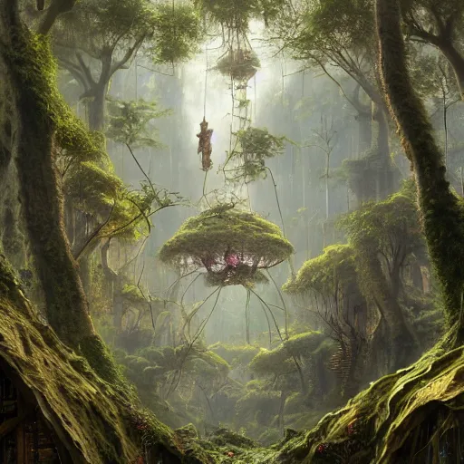 Prompt: a suspended village built in a dense forest of giant very large tall trees, ultra detailed, concept art, game art, matte painting, by tomasz alen kopera and peter mohrbacher, and michel - ange, artstation 8 k, greg rutkwowski, alphonse mucha, studio ghibli, hayao miyzaka, artstation, octane render