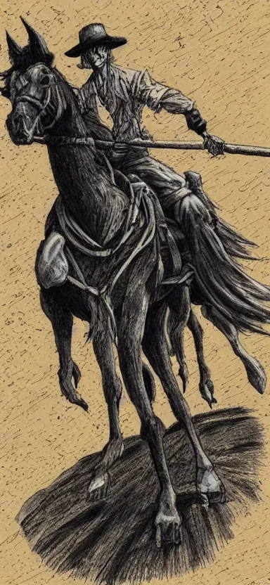 Image similar to “ luffy riding horse, side shot, pen drawing, 8 k resolution, high detailed ”