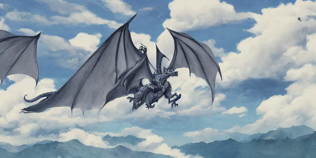 Prompt: over the hills, dragon flying in the clouds, by keita okada