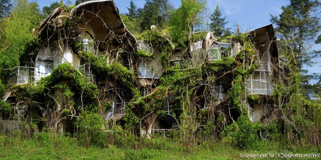 Image similar to multi story house made from enormous mushroom, vines, pacific northwest