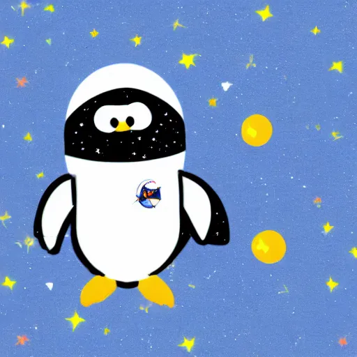 Image similar to cute astronaut penguin, floating on space, disney style, 8 k