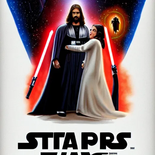 Image similar to super detailed star wars movie poster with Jesus Christ and kim kardashian, 8k full HD photo, cinematic lighting, anatomically correct, oscar award winning, action filled, correct eye placement,