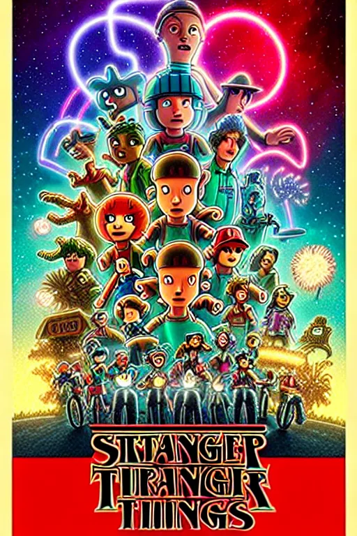 Image similar to animated version of Futurama Stranger Things poster by Matt Groening, cartoon, high resolution, hyper detailed, intricate, illustrated, dramatic lighting !n-9