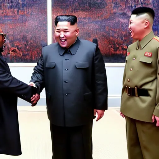 Image similar to picture of kanye west meeting kim jong un, both laughing