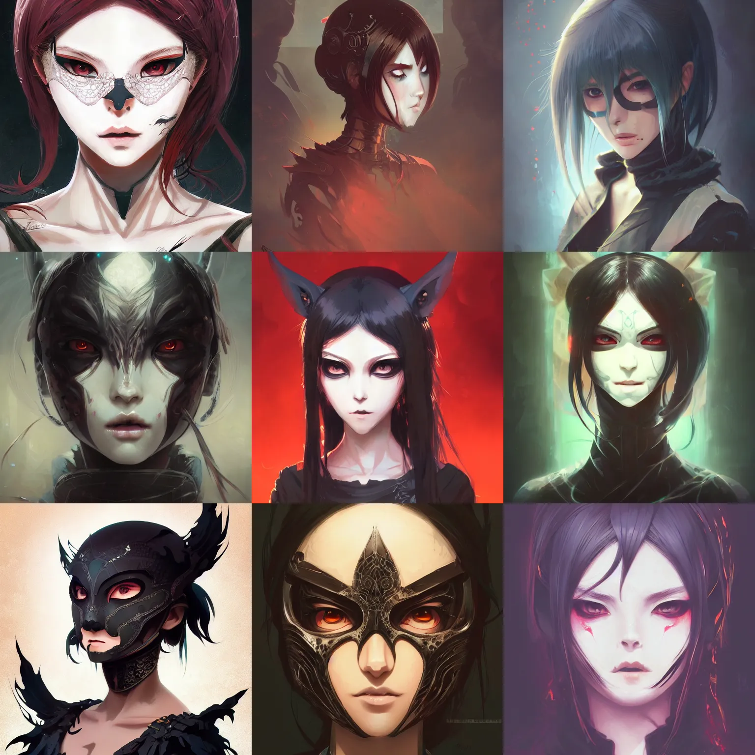 Prompt: headshot of female anime character wearing intricate dark material mask with spooky design, solid background color, digital art, illustration, smooth color, wenjun lin, studio ghibli, pixiv, artgerm, greg rutkowski, ilya kuvshinov