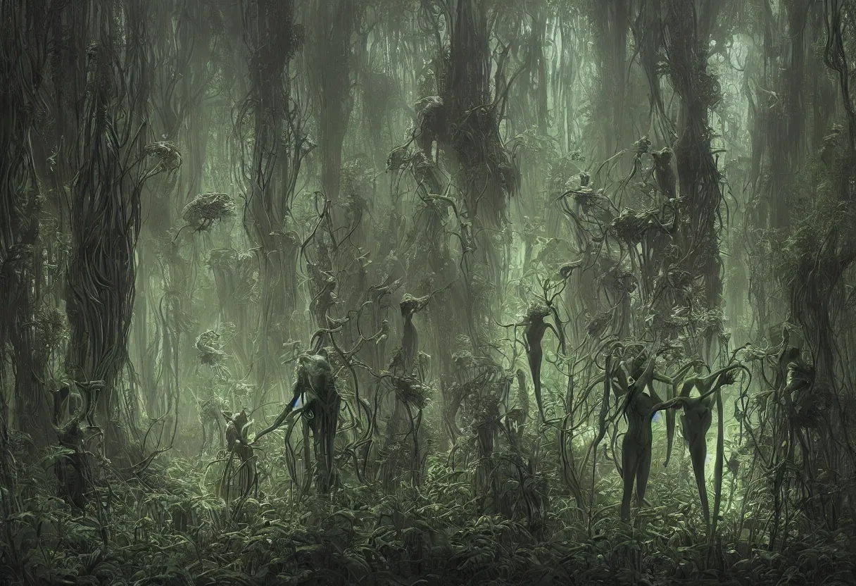 Image similar to humanoid figures made of plants having a seance in a beautiful bioluminescent forest, by daniel - by greg rutkowski and raymond swanland hr giger and zdzislaw beksinski and alphonse mucha and moebius, matte painting, hyperdetailed, symmetry, art nouveau, beautiful render, concept art
