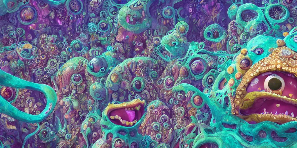 Image similar to of an intricate sea reef with strange cute friendly happy creatures with huge eyes, mouth, long tongue, round teeth and goofy face, appearing from the background, in the style of gehry and gaudi, macro lens, shallow depth of field, ultra detailed, digital painting, trending artstation, concept art, illustration, cinematic lighting, photorealism, epic, octane render