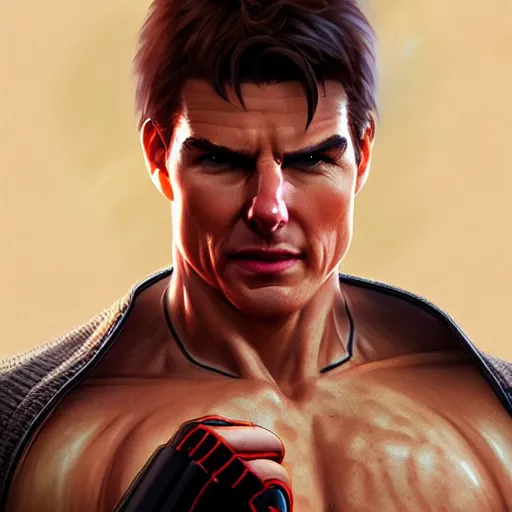 Prompt: tom cruise as a street fighter character, cg animation, capcom, realistic, character select portrait, by artgerm, greg rutkowski, alphonse mucha, 3 d