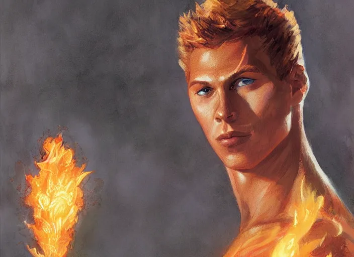 Image similar to a highly detailed beautiful portrait of johnny storm [ fantastic four ] [ human torch ], by gregory manchess, james gurney, james jean