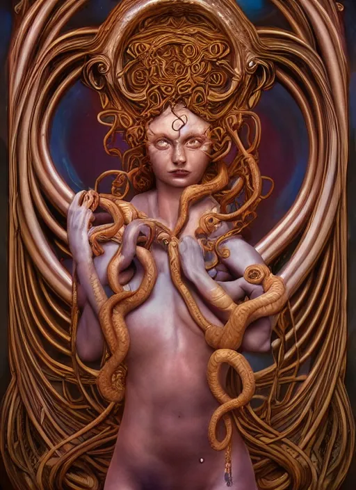 Prompt: medusa, wooden art nouveau swirls, strong subsurface scattering, in the style of james jean and tomasz alen kopera, mystical colors, rim light, soft lighting, 8 k, stunning scene, raytracing, octane render, trending on artstation