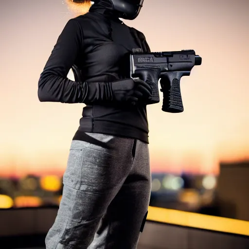 Image similar to photographic portrait of a techwear woman holding a Glock 18, closeup, on the rooftop of a futuristic city at night, sigma 85mm f/1.4, 4k, depth of field, high resolution, 4k, 8k, hd, full color