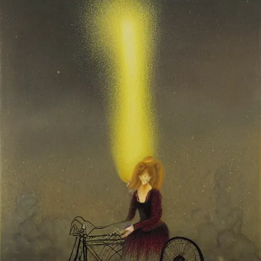 Image similar to by remedios varos, a long haired woman riding a bicycle towards a giant candle in the distance, oil painting, met collection, high resolution