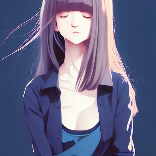 Prompt: urban school girl in shirt fanart, dark blue long hair, muted colors, matte print, pastel colors, ornate, digital art, cute smile, digital painting, fan art, elegant, pixiv, by Ilya Kuvshinov, by Studio Ghibli