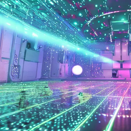 Image similar to promotional movie still wide - angle 3 0 m distance. colorful shiny pearlescent robots ( ( cat ) ) like disco music, disco balls, dance - off contests, space battles. very dramatic atmospheric volumetric lighting, octane 3 d render, ue 5, imax, saturday night fever ( film ), cocoon ( film ), scifi