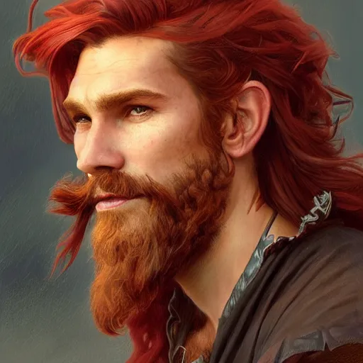 Image similar to portrait of a young ruggedly handsome but joyful pirate, male, masculine, upper body, red hair, long hair, d & d, fantasy, sharp features, intricate, elegant, highly detailed, digital painting, artstation, concept art, matte, sharp focus, illustration, art by artgerm and greg rutkowski and alphonse mucha