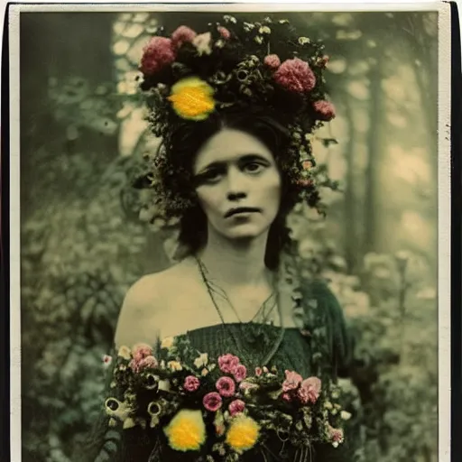 Prompt: portrait of a beautiful woman covered in flowers, Forest, ray gods, 1910 polaroid photography -9