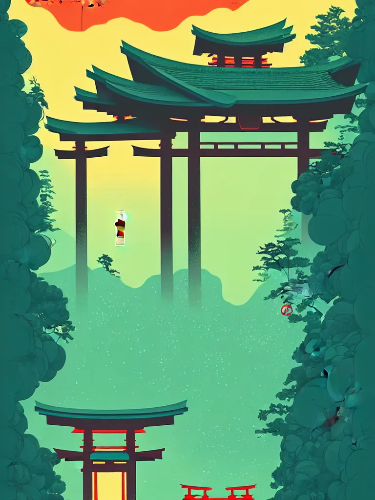 Image similar to a travel poster illustration depicting a japanese torii gate, vintage style, detailed illustration, digital painting, vector art, trending on artstration, by anton fadeev, by alena aenami