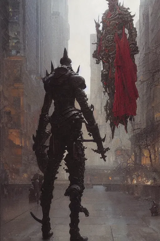 Prompt: a soldier on city street accompanies huge bipedal hell demon with bulbous torso wearing armour, painted by ruan jia, raymond swanland, lawrence alma tadema, zdzislaw beksinski, norman rockwell, jack kirby, tom lovell, alex malveda, greg staples