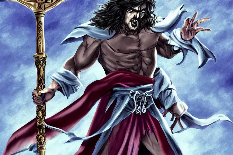 Prompt: Jesus Christ is a Belmont from Castlevania, fighting vampires and creatures of the night with his holy whip and throwing cross, digital art, Castlevania animated series, 4k