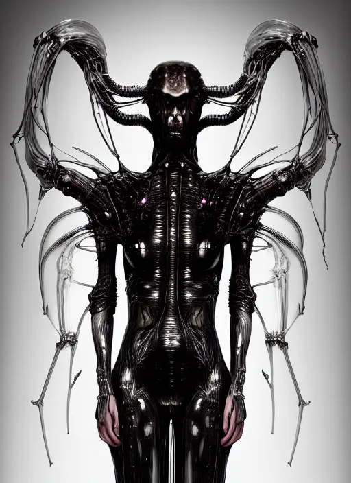 Image similar to iris van herpen gothic inflateble dark dress, perfect symmetrical body, helmet on face, full body shot, alien, plant predator, guyver, giger, wires, tubes, veins, jellyfish, white biomechanical details, wearing epic bionic cyborg implants, masterpiece, intricate, biopunk, vogue, highly detailed, artstation, concept art