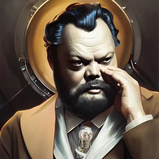 Image similar to orson welles as a cyborg, portrait, western, steampunk, duster, fantasy, intricate, elegant, highly detailed, digital painting, artstation, concept art, sharp focus, illustration, art by artgerm and greg rutkowski and alphonse mucha