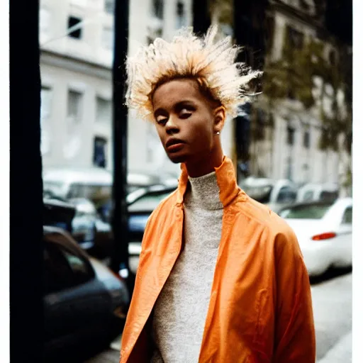 Image similar to realistic photoshooting for a new etudes lookbook, color film photography, photo of a blonde woman, photo in style of tyler mitchell, 3 5 mm,