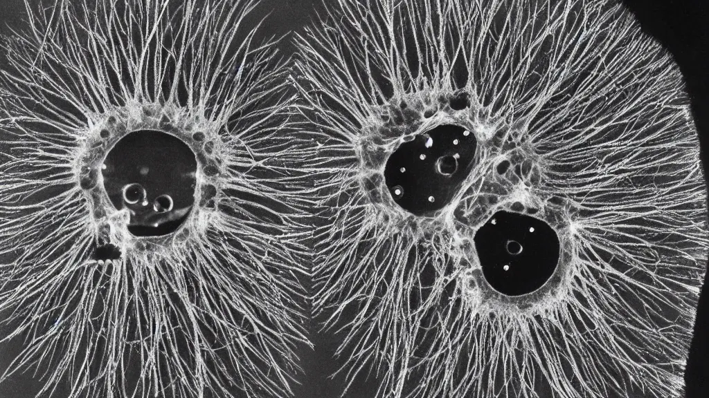 Prompt: a beautiful microscopic scientific photo of a coronavirus and a smiley face seen through the electron microscope, dark, sinister, detailed, by philip henry gosse and ernst haeckel