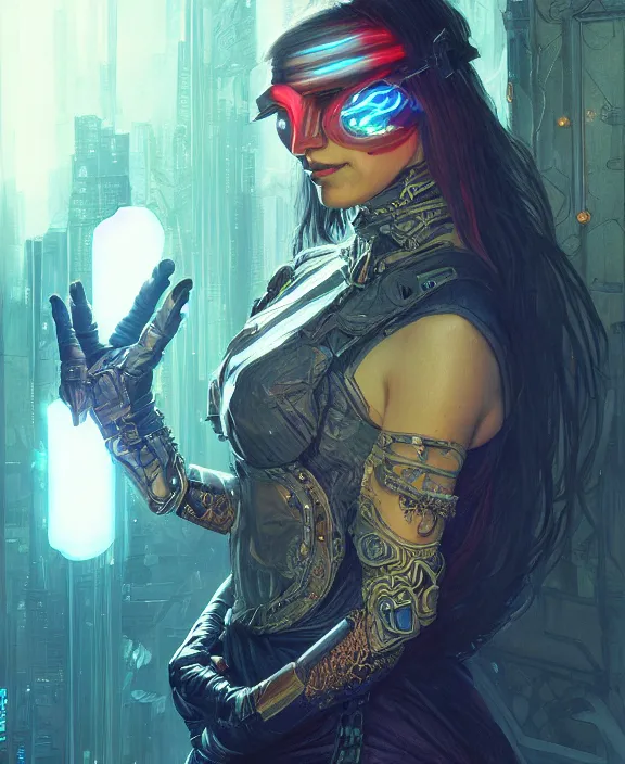 Prompt: portrait of a cyberpunk masked evil, half body, glowin eyes, d & d, fantasy, intricate, elegant, highly detailed, colorful, vivid color, digital painting, artstation, concept art, art by artgerm and greg rutkowski and alphonse mucha and ruan jia