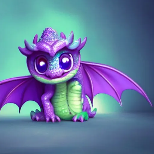 Image similar to adorable baby dragon, the dragon is purple and glittery, big eyes, cgi, ethereal fairytale, kawaii