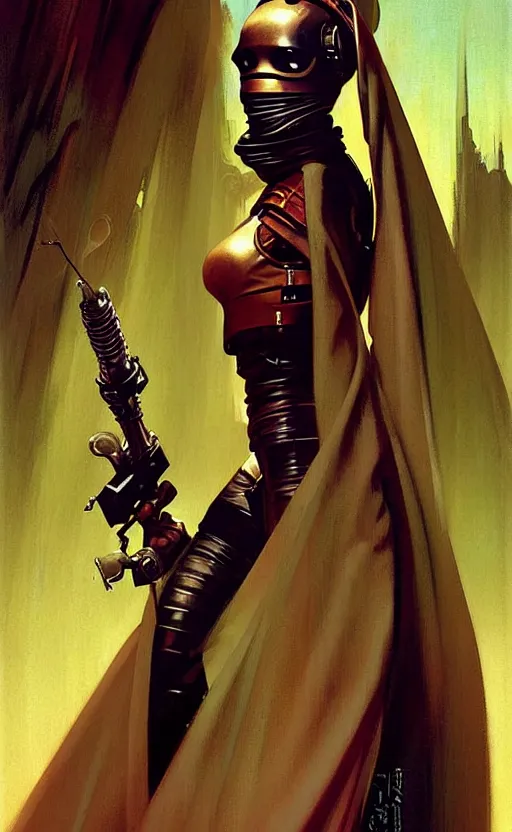 Image similar to pulp scifi fantasy spot illustrations of various character concepts, android girl, burka, futuristic design, crafting, diy, by norman rockwell, roberto ferri, daniel gerhartz, edd cartier, jack kirby, howard brown, ruan jia, tom lovell, jacob collins, dean cornwell, astounding stories, amazing, fantasy, other worlds