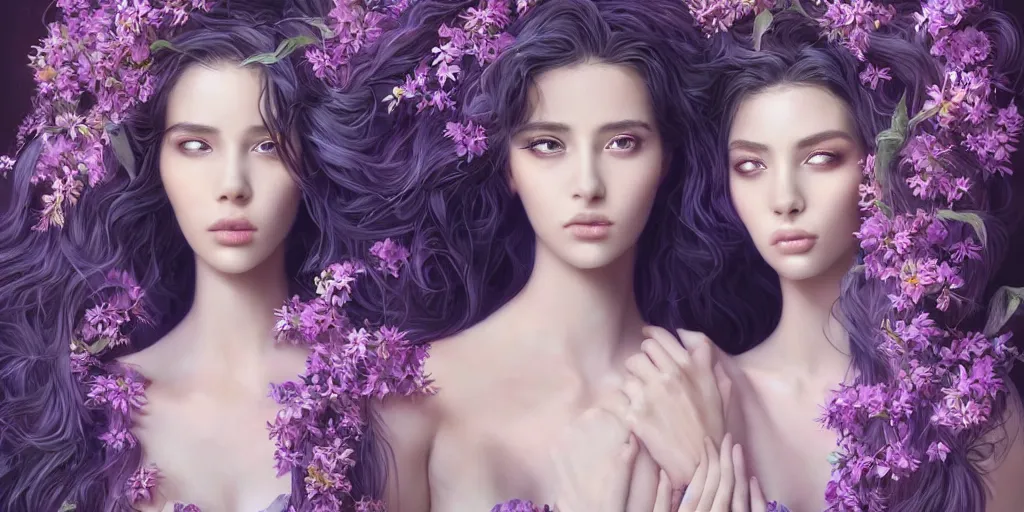 Prompt: beautiful, young twin women, extremely detailed gorgeous face, sad eyes, long luxurious gown flowing gown, tall thin, sexy body, fantasy background, tears, vaporwave aesthetic, synthwave, photo-realistic face, digital, flowers, butterflies, birds, painting, artstation, concept art, smooth, sharp focus, illustration, art by artgerm and greg rutkowski and alphonse mucha