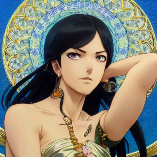 Image similar to highly detailed vfx portrait of nico robin by eiichiro oda, makoto shinkai, alphonse mucha, sharp focus, art by artgerm and greg rutkowski!, backlit, harsh overhead sunlight, blue eyes, stanley kybric, kaoru mori, pixiv, fanbox,