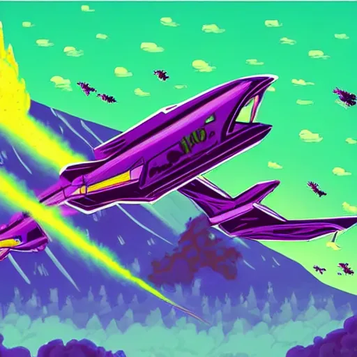 Prompt: a purple dragon blowing green fire fighting a retro spaceship with a volcano in the background, concept art by kilian eng