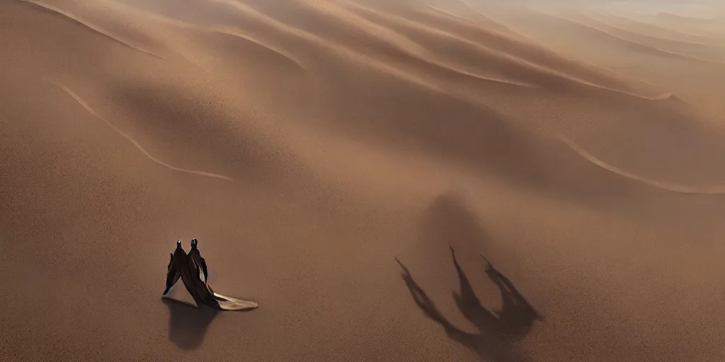 Prompt: dune the movie, ornithopter in the desert surrounded by sand dunes, greg rutkowski, 8 k, shallow depth of field, intricate detail, concept art,