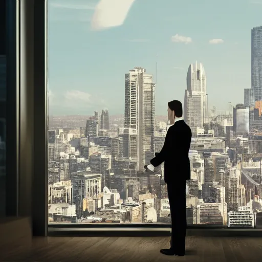 Prompt: a business cat in a suit, looking out at a skyline from a penthouse suite, cinematic, movie screenshot,