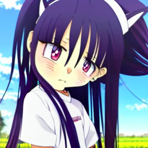 Prompt: A cute young anime girl with long indigo hair, wearing a white soccer uniform with shorts, in a large grassy green field, there is a cat next to her, shining golden hour, she has detailed black and purple anime eyes, extremely detailed cute anime girl face, she is happy, child like, Japanese shrine in the background, Higurashi, black anime pupils in her eyes, Haruhi Suzumiya, Umineko, Lucky Star, K-On, Kyoto Animation, she is smiling and happy, tons of details, sitting on her knees on the grass, chibi style, extremely cute, she is smiling and excited, her tiny hands are on her thighs, she has an extremely expressive face