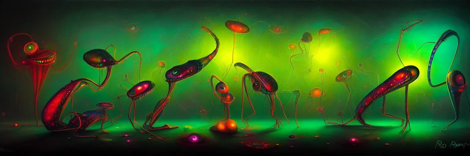 Image similar to strange alien plankton creatures from the depths of the collective unconscious, dramatic lighting, surreal darkly colorful painting by ronny khalil