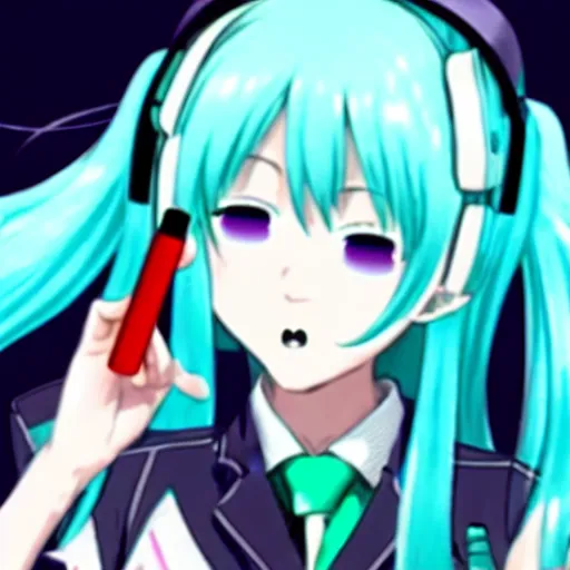 Image similar to hatsune miku high on weed with bloodshot eyes smoking with a vape pen.