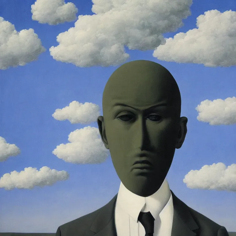 Image similar to portrait of a faceless shadow - head man in a suit, clouds in the background, by rene magritte, detailed painting, distance, middle centered, hd, hq, high resolution, high detail, 4 k, 8 k