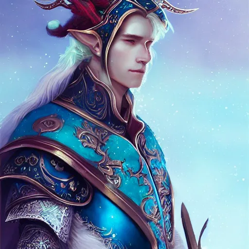Prompt: half length portrait of a handsome male snow elf in a turquoise cape and silver ornate armour as an archer, archer portrait, magical tundra background, albino skin, by wenjun lin, krenz cushart, trending on artstation, award - winning