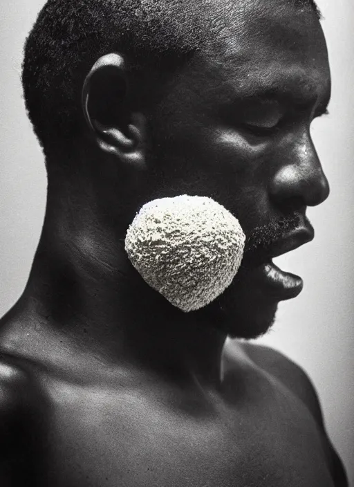 Prompt: a black man's face in profile, made of coxinha, in the style of the Dutch masters and Gregory Crewdson, dark and moody