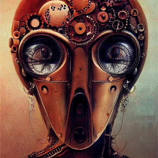 Prompt: Cute steampunk cyberpunk girl portrait with mask by Beksinski