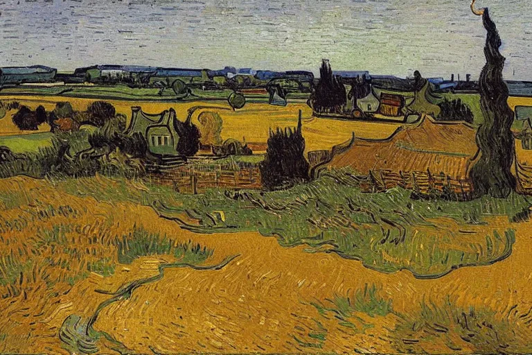 Image similar to oil painting of a Dutch landscape called het Beuven in Someren, by sunset, painted by Vincent Van Gogh