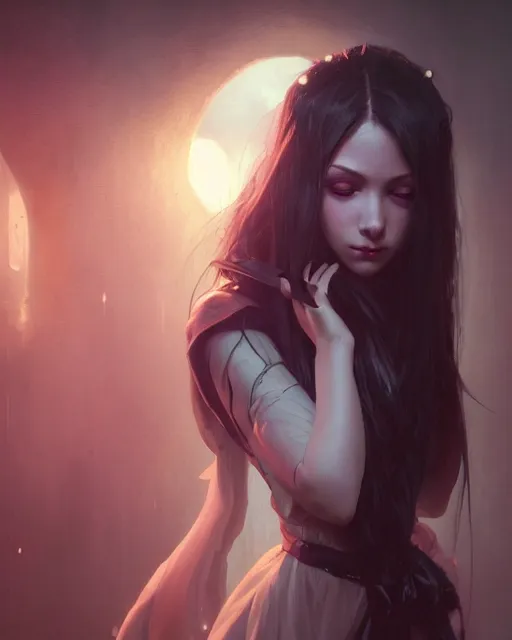 Image similar to highly detailed vfx portrait of a beautiful vampire girl, wonderful eyes, three - dimensional rendering, unreal engine, alexey gurylev, greg rutkowski, loish, rads, beeple, makoto shinkai and lois van baerle, rossdraws, tom bagshaw, alphonse mucha, global lighting, detailed and complex environment