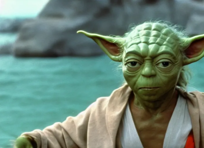 Image similar to a film still of yoda in baywatch 1 9 8 9