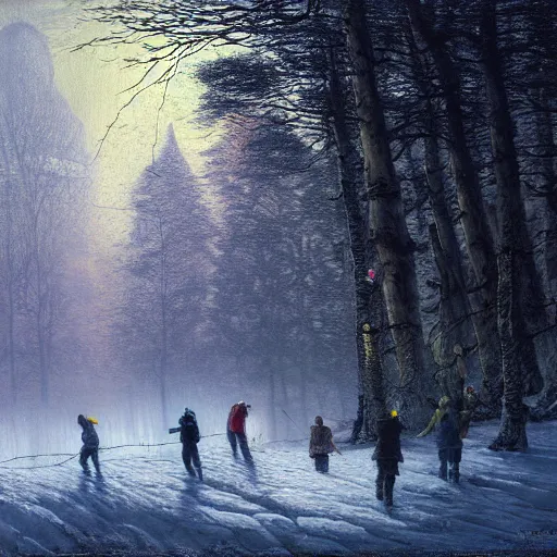 Prompt: a beautiful painting of group of climbers, extreme cold, storm, octane rendering, volumetric lightning, hyperrealism, no blur, 4 k resolution, ultra detailed, style of john atkinson grimshaw, ivan shishkin, tyler edlin, anato finnstark, edward robert hughes