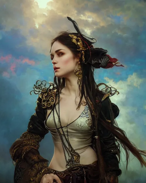 Image similar to a beautiful close up portrait of a pirate sitting with elegant looks, leather clothing, ornate costume and flowing magic all around, intricate and soft by ruan jia, tom bagshaw, alphonse mucha, krenz cushart, beautiful pirate ruins in the background, epic sky, vray render, artstation, deviantart, pinterest, 5 0 0 px models