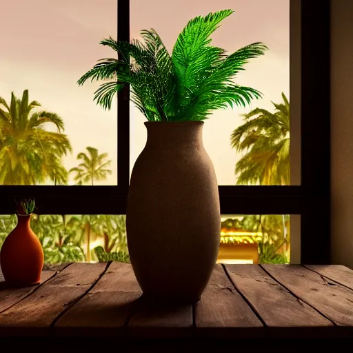 Prompt: a large vase with palms on top of a antique wooden table, vegetables on table and candle, medieval antique concept art, cinematic lightning and colors, vray tracing, rendered in unreal engine, dark lightning, contrast shadows, super detailed, 8 k