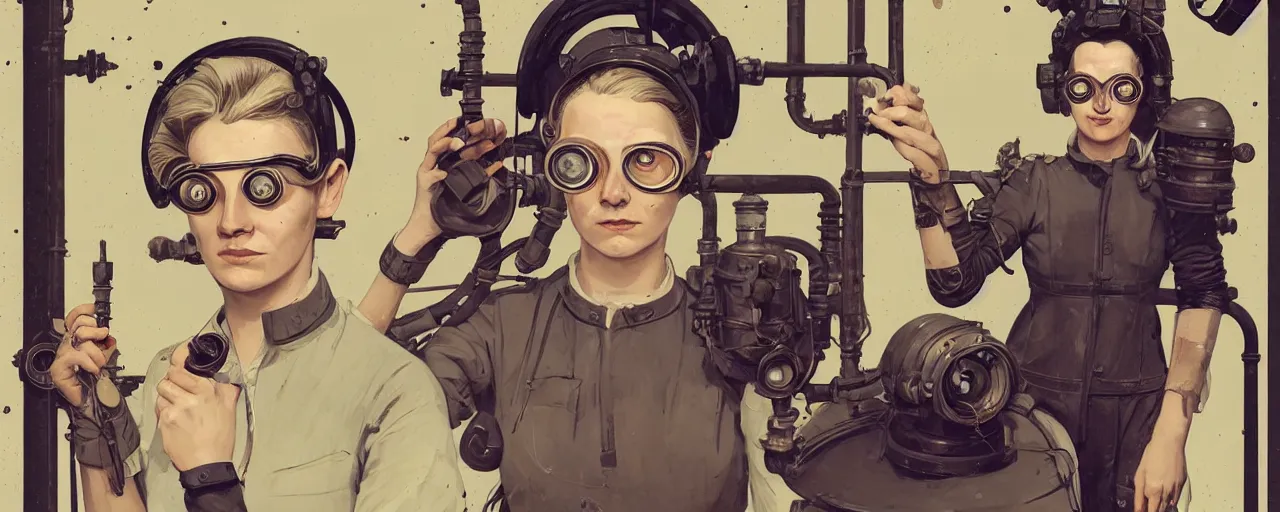 Image similar to vintage illustration 3 / 4 portrait of stoic heroic emotionless butch blonde woman engineer with short slicked - back hair, wearing victorian goggles, no makeup, awkward and uncomfortable and anxious, dirty, dynamic composition by sachin teng and sergey kolesov and ron cobb. industrial space program, scifi, hyper detailed. octane render. concept art. trending on artstation