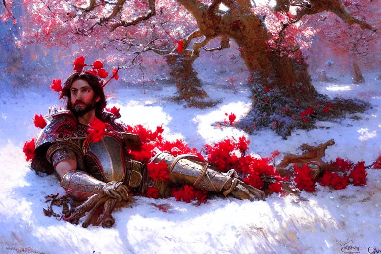 Prompt: winter, a male warrior wearing armor relaxing under a huge tree with red flowers, ground covered with snow, extreme long shot, fantasy, painting by gaston bussiere, craig mullins, j. c. leyendecker, trending on artstation